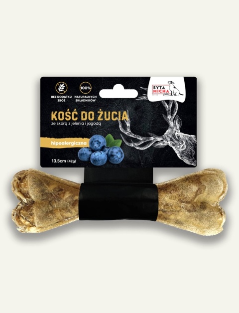 Kość do żucia dla psa Syta Micha z jelenia z dodatkiem jagód, 13,5 cm - hipoalergiczna formuła